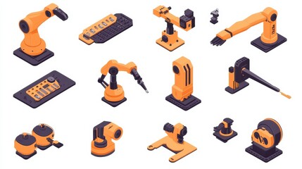 Poster - industrial robot arm set. isolated isometric factory industry robotic hand icons. vector machine tec