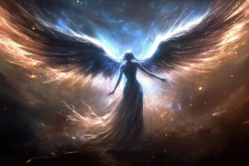 Wall Mural - ethereal being portrays heavenly delight with expanded wings.