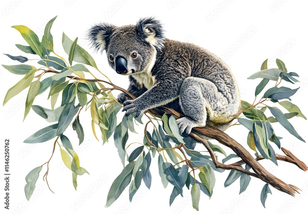 Watercolor koala sitting on an eucalyptus tree branch, in a clipart ...