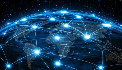 Poster - Concept of global communication with a globe connected by lines and glowing dots, representing the future of digital networking and data sharing