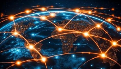 Poster - Concept of global communication with a globe connected by lines and glowing dots, representing the future of digital networking and data sharing