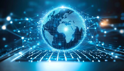 Poster - Concept of global communication with a globe connected by lines and glowing dots, representing the future of digital networking and data sharing