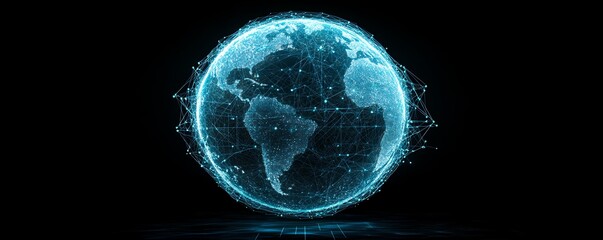 Poster - Global communication and networking concept with a glowing globe connected by lines and dots, symbolizing worldwide digital connectivity