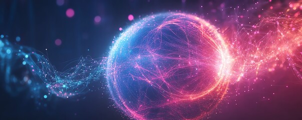 Poster - Global communication concept with a glowing globe connected by vibrant lines and dots, illustrating the modern digital networking era