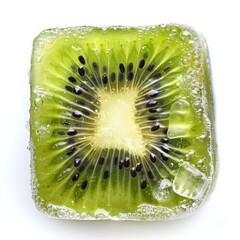 Poster - Close up of a kiwi slice immersed in sparkling water, creating an interesting visual of bubbles and texture
