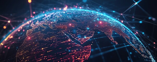 Poster - Global communication concept with a glowing globe connected by vibrant lines and dots, illustrating the modern digital networking era