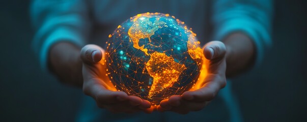 Poster - Global communication concept with a glowing globe connected by vibrant lines and dots, illustrating the modern digital networking era