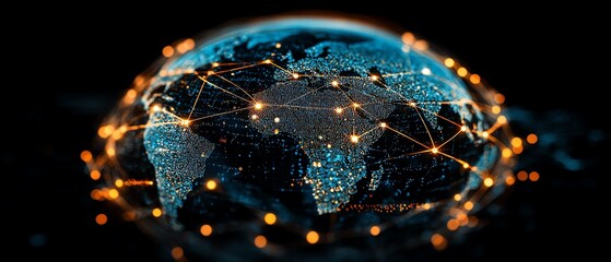 Poster - Global networking concept with a globe linked by glowing lines and dots, symbolizing the power of worldwide communication and data exchange