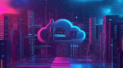 Poster - virtual information protection, online data storage safety. cloud-based engine, cloud engineering, c