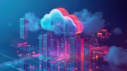 Poster - virtual information protection, online data storage safety. cloud-based engine, cloud engineering, c