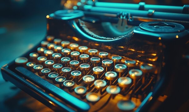 Close-up of vintage typewriter keys, illuminated by dramatic blue and gold lighting.