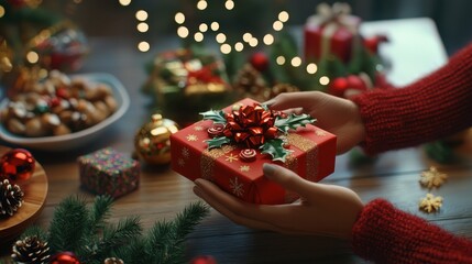 Poster - winter holidays and celebration concept - hands with christmas gift, treats and decorations on table at home