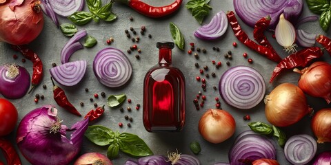 Aufkleber - Fresh ingredients featuring onion, red pepper, and pepper tincture create a vibrant composition. This image showcases the beauty and versatility of onion, red pepper, and pepper tincture in culinary
