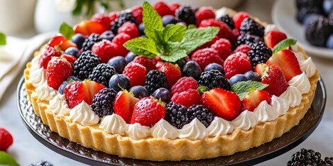 Poster - Delicious red fruit pie featuring a rich lemon pastry cream topped with strawberries, blackberries, raspberries, and blueberries, elegantly garnished with mint leaves and small meringues.