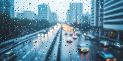 Aufkleber - Blurred image showcasing drops of rain on a mirror, featuring buildings and a road in the background. This captivating scene of rain and reflections creates a unique atmosphere.