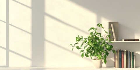 Poster - A houseplant sits on a bookshelf next to a white wall and a window, providing an opportunity for empty space to be filled with additional decor or content.