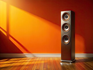 Immersive home theater experience: powerful, high-fidelity sound from floor-standing speakers, a luxury audiophile setup against an orange wall.