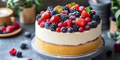 Poster - Colorful birthday cake adorned with a variety of berries, showcasing a delightful arrangement of fresh berries for a festive celebration. This birthday cake with berries is perfect for any occasion.