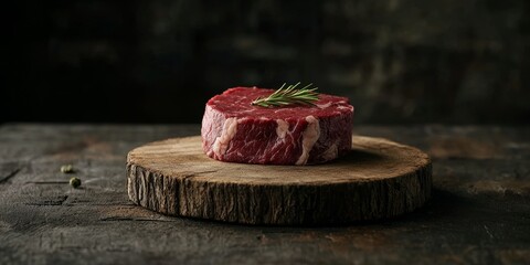 Aufkleber - Raw steak elegantly displayed on a wooden board against a dark backdrop. This red meat shines on the rustic table, enhanced by contrasting dramatic light for an artistic touch.