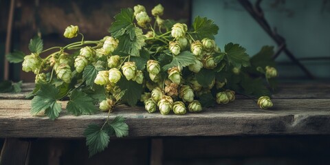 Aufkleber - Fresh, wild real hops accompanied by duds and leaves gracefully arranged on a rustic wooden bench, showcasing the vibrant essence of wild real hops in a natural setting.