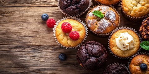 Poster - Close up of delicious muffins beautifully arranged on a rustic wood background, showcasing the delightful textures and colors of freshly baked muffins in an inviting setting.
