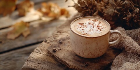 Aufkleber - A rustic setting featuring a cup of latte, highlighting the comforting allure of a latte in an inviting environment perfect for enjoying a warm cup of latte.