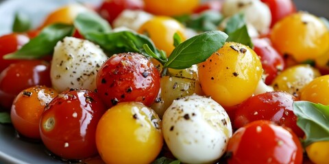 Poster - Delicious cherry tomato salad featuring cheese served on a plate, showcasing the vibrant colors of the cherry tomatoes and the delightful combination of flavors in this fresh salad.