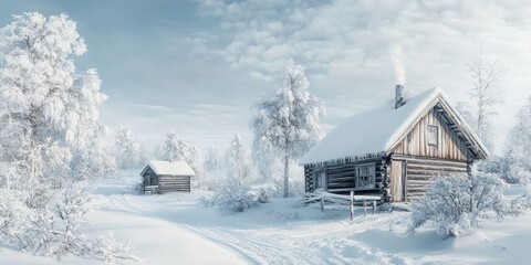 Poster - Snow covered old wooden cabin and storage house, commonly known as stabbur, in winter. This scene features the charming design of a stabbur, set in a beautiful winter landscape.
