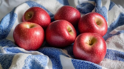 Poster - Five vibrant red apples arranged on a blue and white towel, set against a clean white background, create a stunning visual of red apples that draws attention.