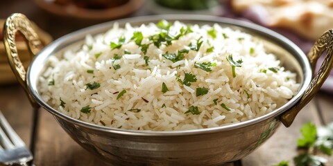 Poster - Perfectly cooked basmati rice served in a steel karahi, beautifully garnished with fresh coriander, creating a delightful presentation of basmati rice for any meal.