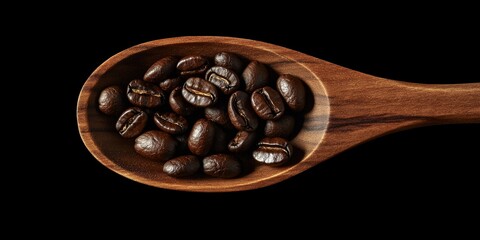 Poster - Full wooden spoon filled with coffee beans, showcasing the rich texture and aroma of coffee beans. This image highlights the natural beauty of coffee beans captured in a wooden spoon.