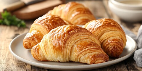 Poster - Delicious freshly baked croissants perfect for breakfast, creating a delightful start to a bright morning with their flaky texture and rich flavor, ideal for any breakfast table.