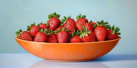 Poster - Closeup of vibrant fresh strawberries displayed in an orange bowl, beautifully contrasting against a light blue background, highlighting the freshness of these strawberries in detail.