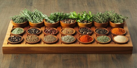 Aufkleber - Assorted herbs and spices beautifully arranged on wooden boards create a visually appealing display of flavors. The vibrant herbs and spices on wooden boards enhance any culinary experience.