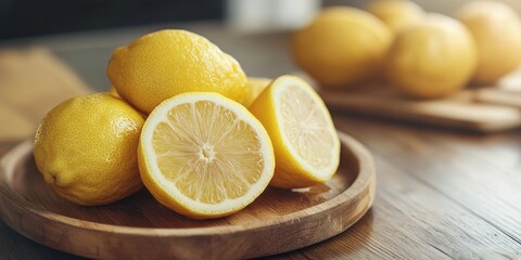 Poster - Vibrant fresh lemon beautifully arranged on a wooden plate atop a wooden table, enhancing the kitchen s charm with its bright color and natural appeal of fresh lemon.