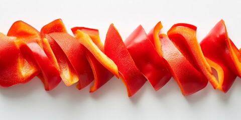 Poster - Sliced strips of red sweet bell pepper on a white background, showcasing fresh vegetables in a top view presentation, perfect for illustrating the beauty of red sweet bell pepper.