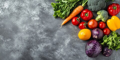 Poster - Fresh vegetables arranged on a stone background create a vibrant display. This top view showcases the fresh vegetables beautifully against the stone background texture.