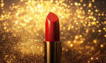 A red lipstick is on a gold background