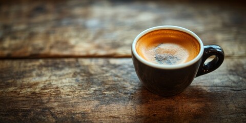 Poster - A small coffee cup filled with hot espresso rests on a rustic table, showcasing the rich details of espresso. This image highlights the small coffee cup and its inviting warmth.