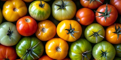 Aufkleber - Closeup of vibrant yellow, red, and green tomatoes showcasing their fresh colors and textures, perfect for highlighting the beauty and variety of tomatoes in culinary presentations.