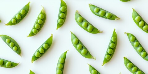 Poster - Fresh peas arranged on a white background showcase the vibrant and tasty nature of peas, emphasizing their delightful appearance and the appeal of fresh peas in culinary dishes.