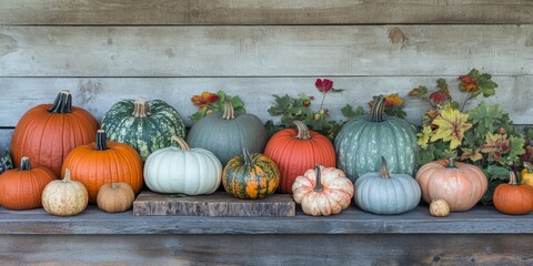 Poster - Assorted pumpkins and squashes arranged on rustic wooden boards create a stunning autumn backdrop, highlighting the beauty of assorted pumpkins and squashes in the fall season.