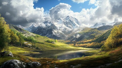 Aufkleber - Scenic landscape featuring majestic mountains, showcasing the beauty of nature in a picturesque setting, ideal for capturing the essence of a serene mountainous landscape.