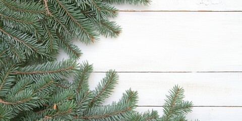 Poster - A vintage styled Christmas arrangement featuring fir tree branches on a white wooden surface, leaving room for your text or notes, creating an inviting holiday atmosphere.