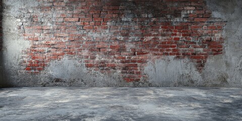 Fototapete - Background featuring an old concrete surface complemented by a red vintage brick wall, creating a unique aesthetic that enhances any design project requiring a vintage background.