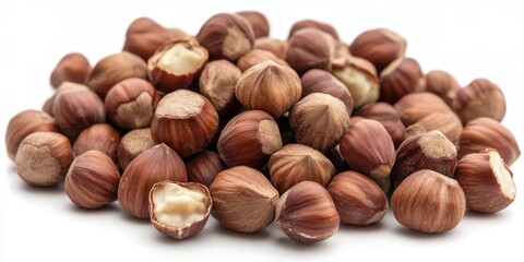 Poster - Close up of hazelnuts isolated on a white background, showcasing the rich texture and color of hazelnuts in detail, perfect for highlighting the beauty of hazelnuts in your projects.