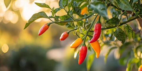 Poster - Vibrant red and orange cayenne peppers hang from the branches of a tree, showcasing the beauty of fresh chili. These fresh chili peppers add a pop of color to any setting.