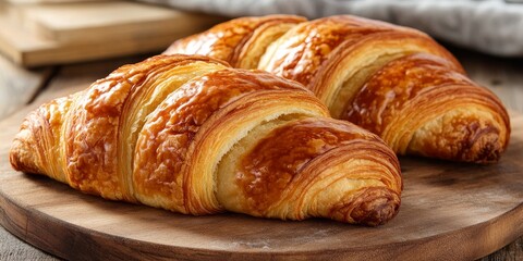 Poster - Delicious freshly baked croissants perfect for breakfast, creating a delightful start to a bright morning with their flaky texture and rich flavor, ideal for any breakfast table.