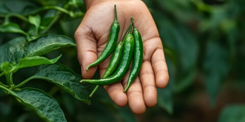 Poster - Fresh green chilli held in hand, showcasing the vibrant color and shape of the green chilli. This green chilli stands out as a symbol of spice and flavor in culinary creations.