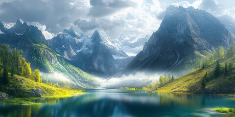 Poster - Stunning view of a mountainous region showcasing nature s beauty, with majestic mountains and breathtaking landscapes that highlight the splendor of a mountainous region in all its glory.